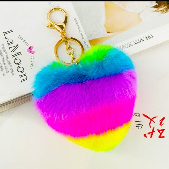 Plush heart shaped Pom Pom charm. Makes a great purse accessory. Various colors - Picture 1 of 5